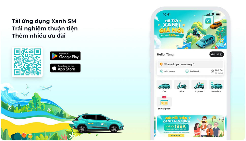 Dịch vụ Xanh SM với xe ô tô điện màu xanh đặc trưng, đang chờ khách hoặc di chuyển trên đường, là lựa chọn phương tiện thân thiện môi trường và tiện lợi để đến khách sạn 3 sao quận 1