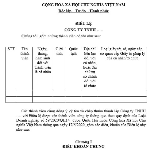 Mẫu Điều lệ Công ty TNHH 2 thành viên mẫu cơ bản và các phần chính cần có