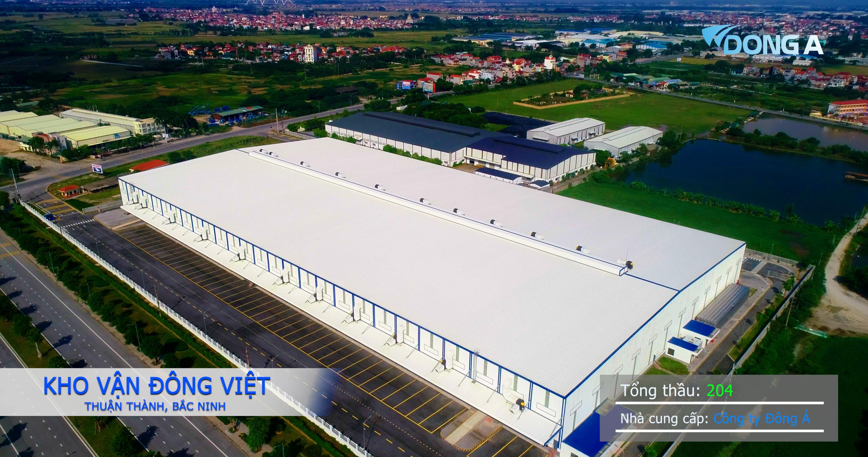 Hình ảnh Kho Vận Đông Việt tại Cụm CN Xuân Lâm, Thuận Thành, Bắc Ninh, thể hiện khả năng cung cấp giải pháp kho vận của Công ty TNHH Thương mại và Dịch vụ Đông Á.