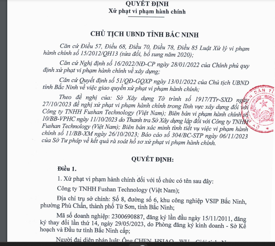 Quyết định xử phạt vi phạm hành chính đối với Công ty TNHH Fushan Technology Việt Nam từ UBND tỉnh Bắc Ninh, liên quan đến các vi phạm về xây dựng không phép.