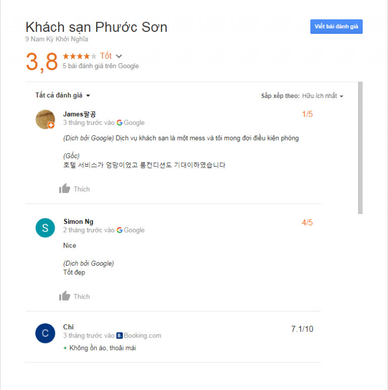 Giao diện đánh giá trực tuyến của Khách sạn Phước Sơn Đà Lạt từ du khách
