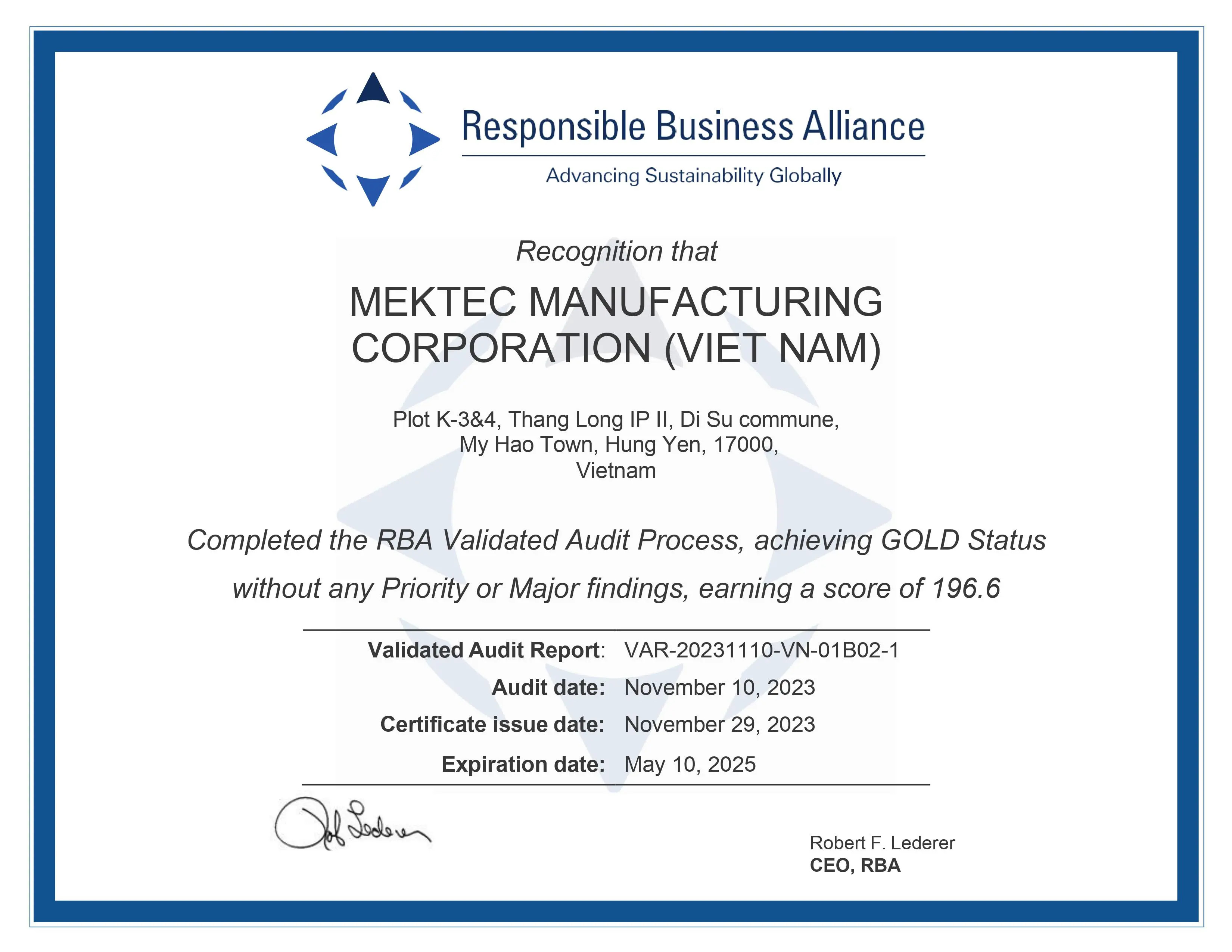 Chứng nhận Gold của RBA dành cho Mektec Manufacturing Việt Nam