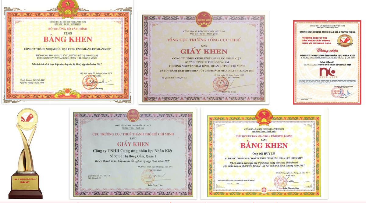 Thành tích Công ty TNHH Cung ứng Nhân lực Nhân Kiệt