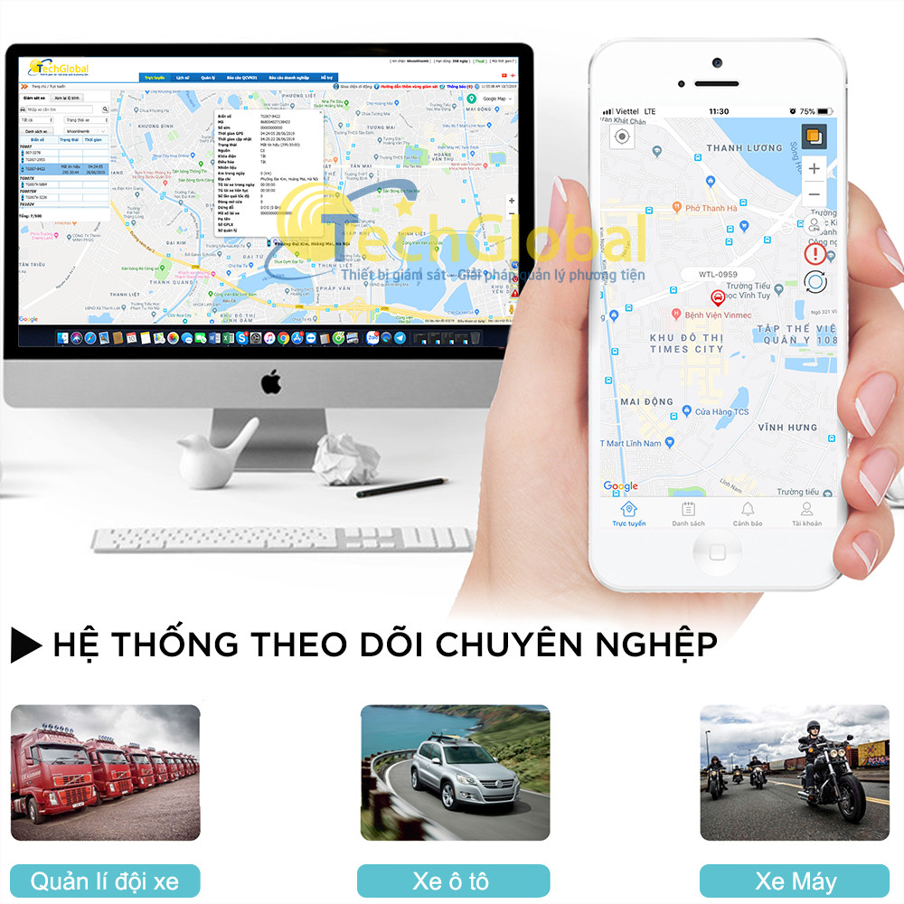 Giao diện phần mềm GPS quản lý và điều hành phương tiện TechGlobal Tracking Solution, tích hợp bản đồ số