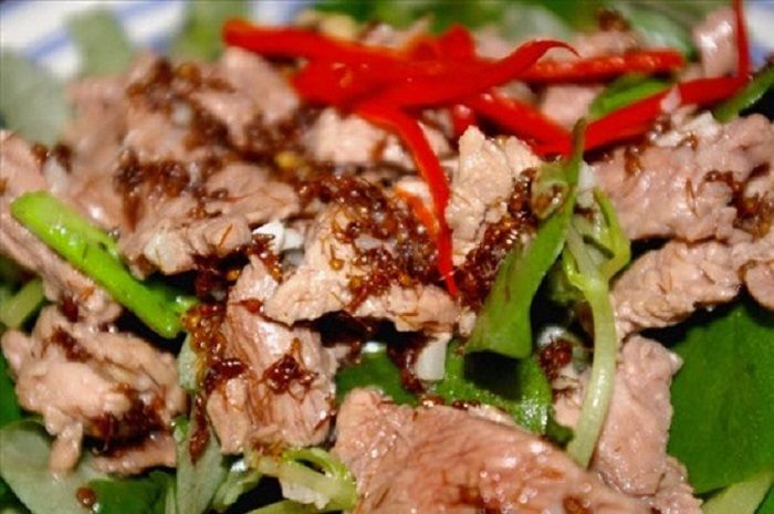 Kiến cây đỏ xào thịt bò món ăn Campuchia độc đáo