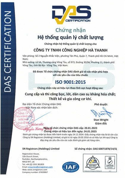 Chứng nhận ISO 9001:2015 của Công ty TNHH Công nghiệp Hà Thanh