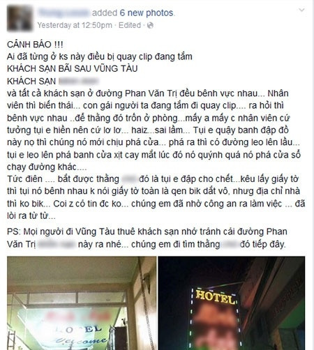 Khách sạn M.A Vũng Tàu bị tố quay lén, hình ảnh bài đăng cảnh báo trên Facebook