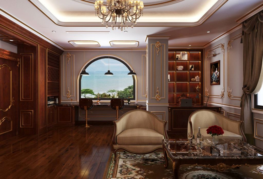 Không gian phòng khách rộng lớn và đẳng cấp trong Phòng Tổng thống tại Khách sạn Biển Nhớ Sầm Sơn