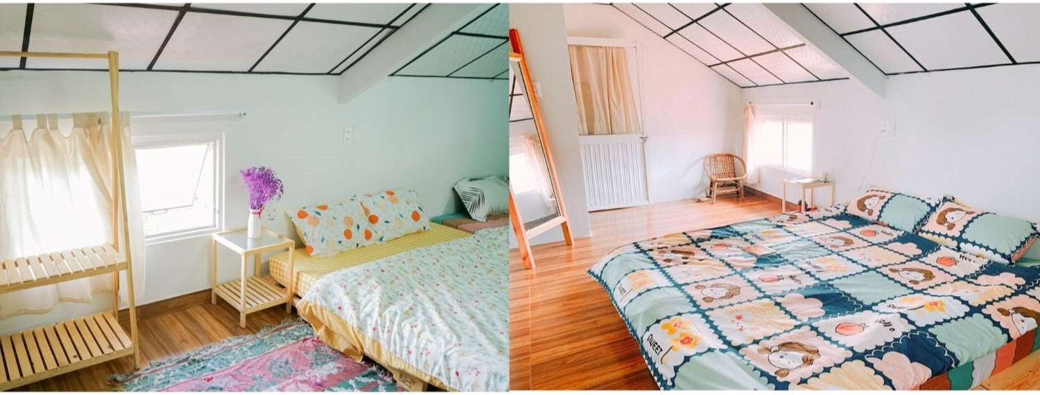Không gian phòng nghỉ đơn dành cho 4 người với tầm nhìn ra vườn hoa nhỏ trong nhà tươi mát.