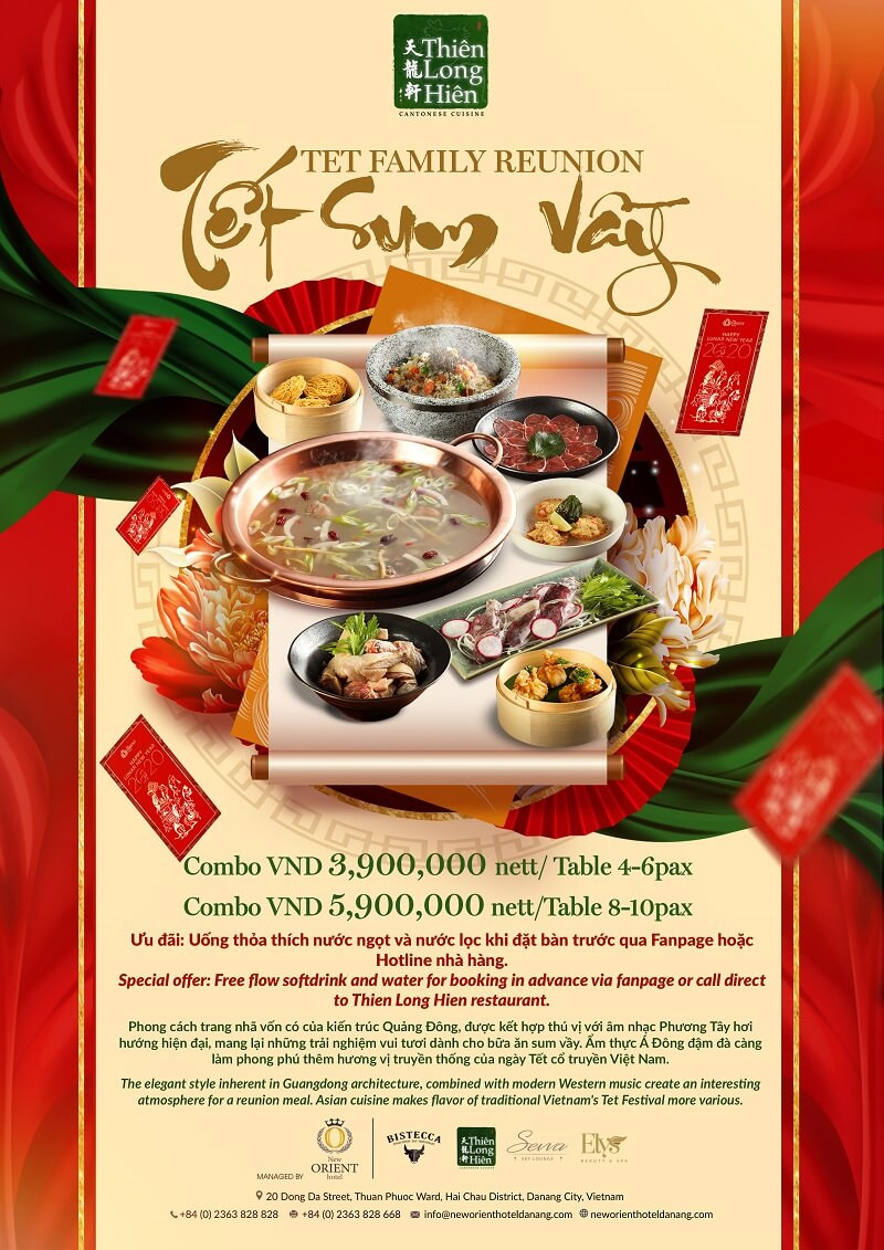 Không gian sang trọng và ấm cúng tại nhà hàng Thiên Long Hiên thuộc Khách sạn New Orient Hotel Đà Nẵng, sẵn sàng cho bữa tiệc Tết sum vầy