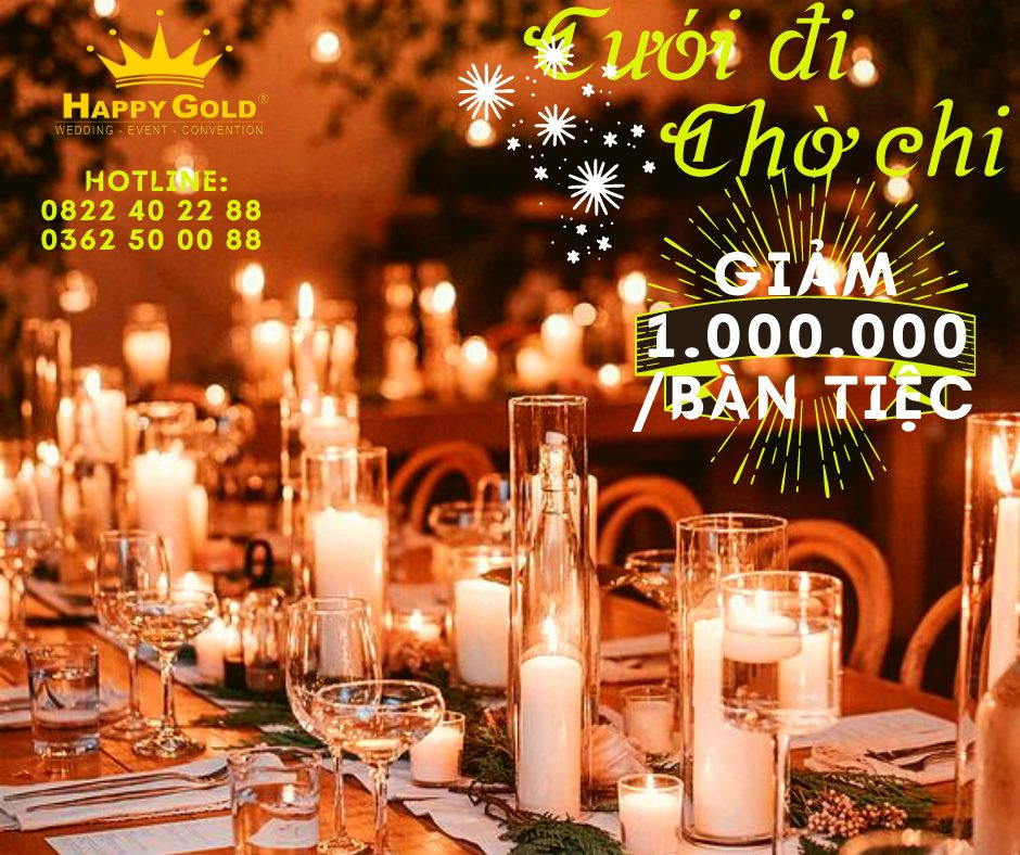 Không gian sảnh tiệc cưới sang trọng tại Happy Gold Tân Phú, sẵn sàng cho những buổi hội nghị đẳng cấp