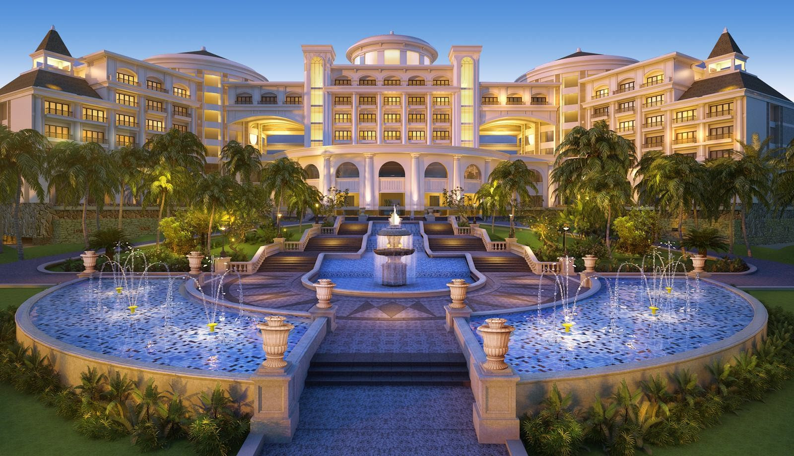 Khu vực bể bơi lớn tại Vinpearl Resort & Spa Hạ Long, nhìn ra biển Vịnh Hạ Long, thể hiện sự sang trọng và tiện nghi cao cấp của khách sạn có bể bơi ở Hạ Long
