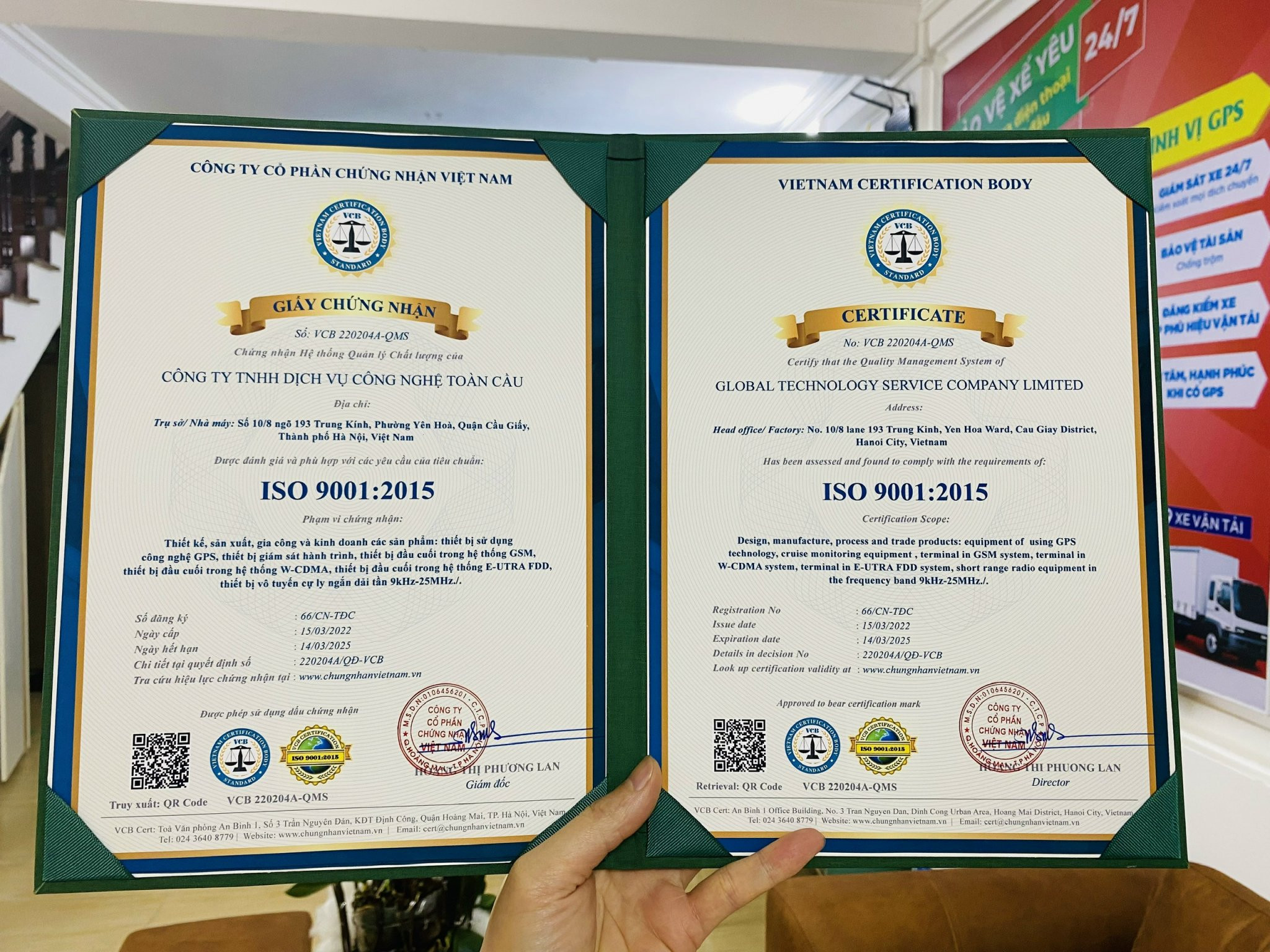 Chứng nhận ISO 9001:2015 trong lĩnh vực sản xuất thiết bị định vị GPS của công ty TNHH Dịch vụ Công nghệ Toàn Cầu TechGlobal