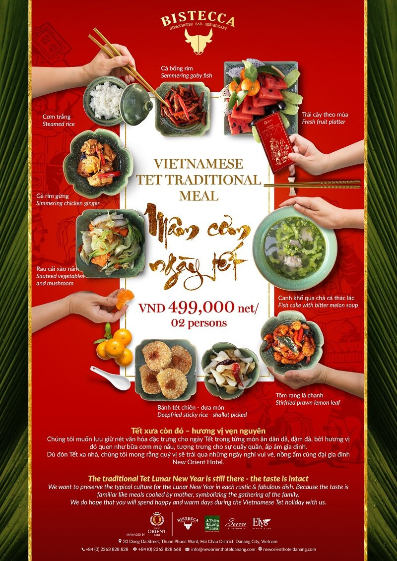 Mâm cỗ Tết truyền thống tại nhà hàng của Khách sạn New Orient Hotel Đà Nẵng, gợi nhớ không khí Tết xưa