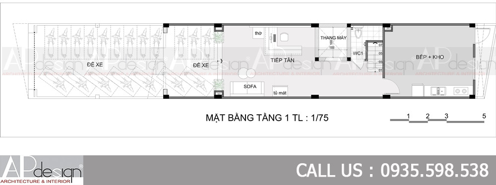 Mặt bằng thiết kế tầng trệt khách sạn mini đẹp 4x16m với sảnh đón và khu vực đỗ xe