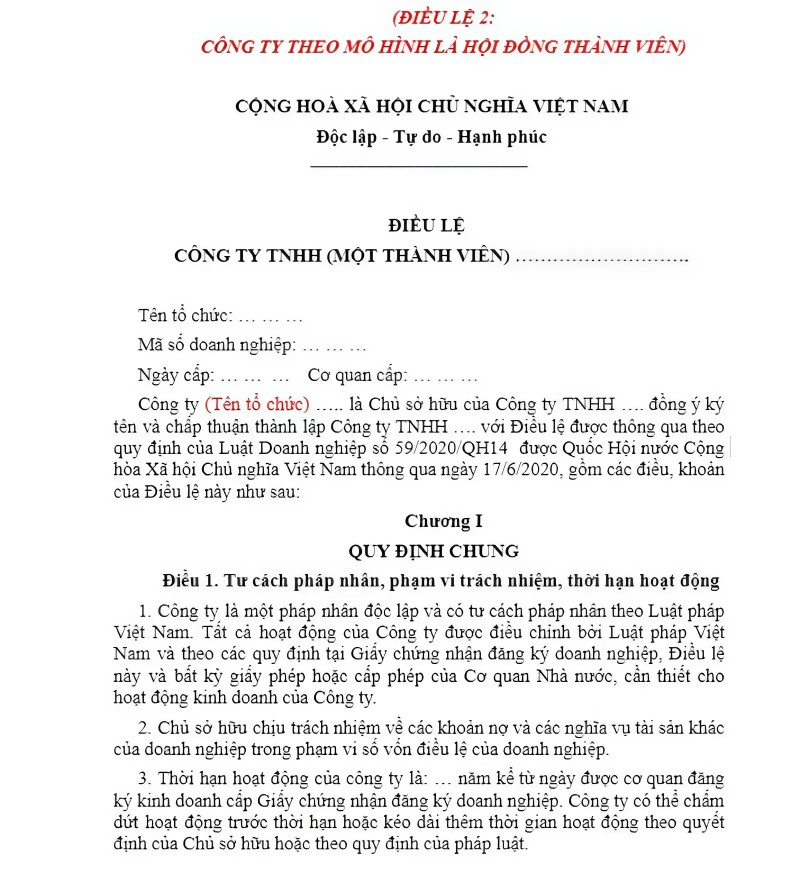 mẫu điều lệ 2 công ty tnhh một thành viên tổ chức