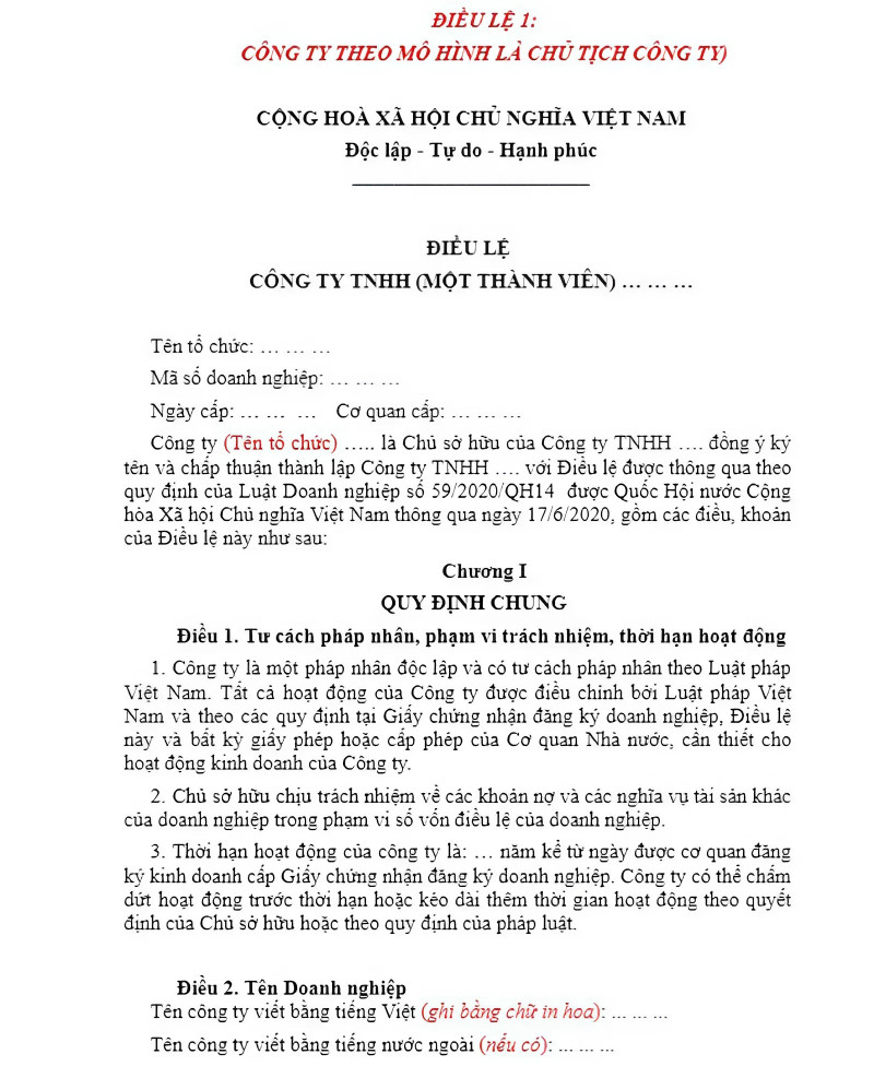 mẫu điều lệ 1 công ty tnhh một thành viên tổ chức