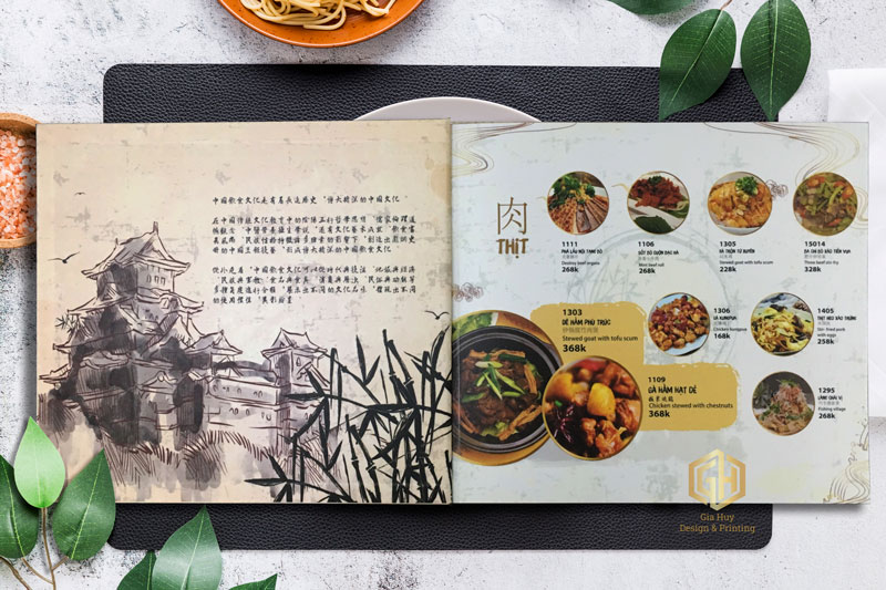 Thiết kế vintage menu nhà hàng Trung Quốc, kết hợp giữa hình ảnh món ăn và nghệ thuật thư pháp