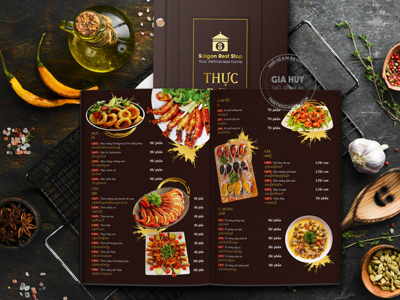 Thiết kế thực đơn nhà hàng món Việt bìa cứng màu nâu sang trọng