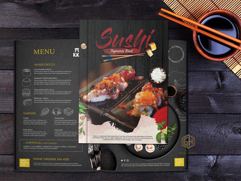 Thiết kế mẫu menu sushi sử dụng typography sang trọng, chữ đỏ nổi bật