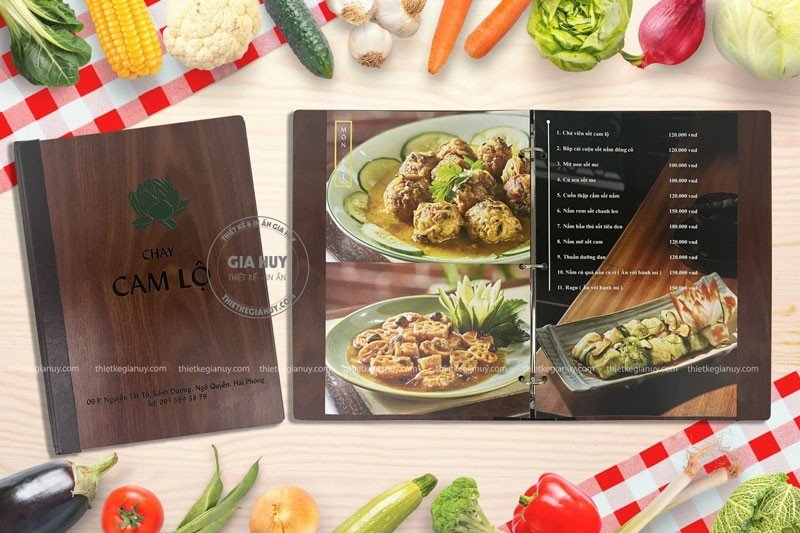 Mẫu menu món chay sang trọng bìa gỗ