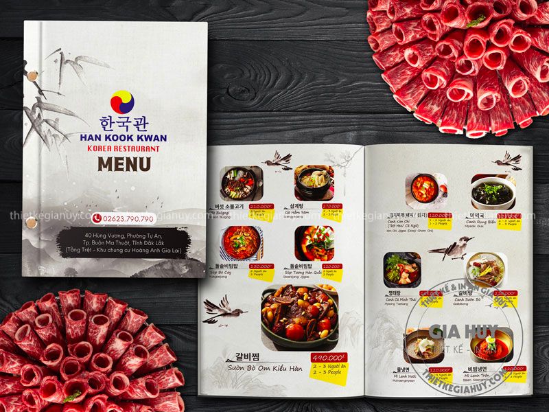Mẫu menu quán ăn Hàn Quốc màu trắng với hình minh họa đậm chất xứ sở kim chi