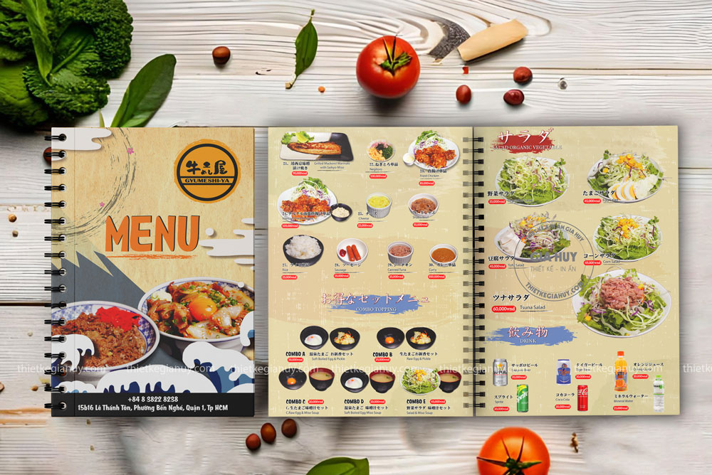 Menu nhà hàng Nhật Bản với ruột giấy nền màu be và nâu nhạt mô phỏng giấy cổ
