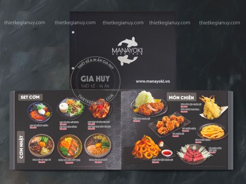Menu khổ ngang với thiết kế được chia theo danh mục (Set cơm – Món chiên – Sushi)