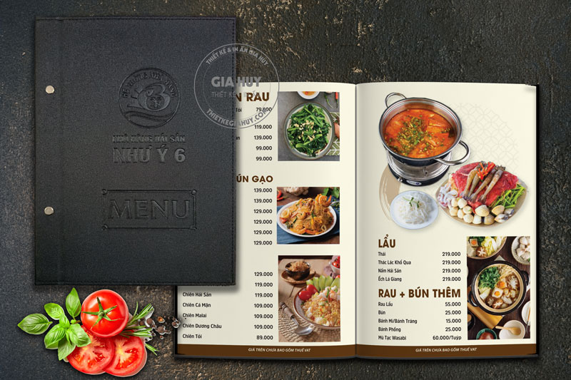 Menu quán lẩu sang trọng bìa da đóng gáy ốc