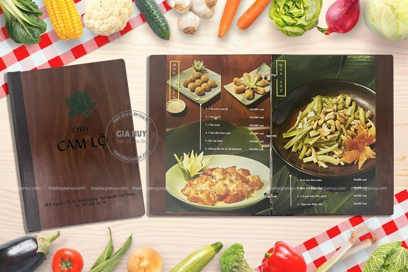 Mẫu menu nhà hàng chay thiết kế hình ảnh món ăn lớn bìa gỗ