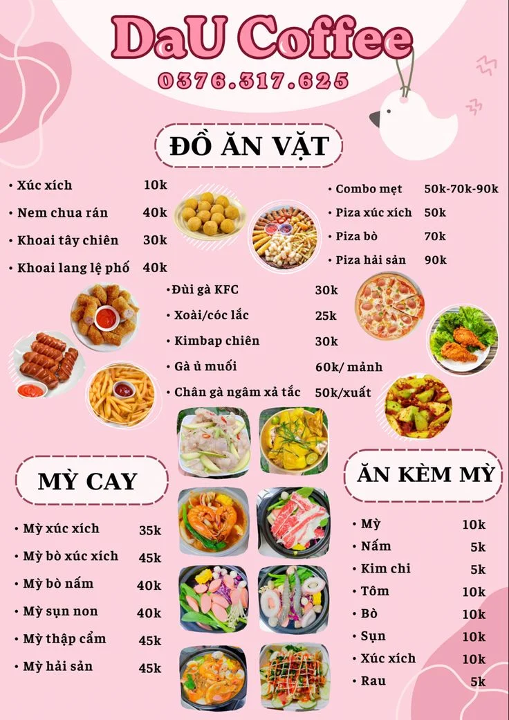 Menu đồ ăn vặt đẹp tông màu nhẹ nhàng, dễ chịu
