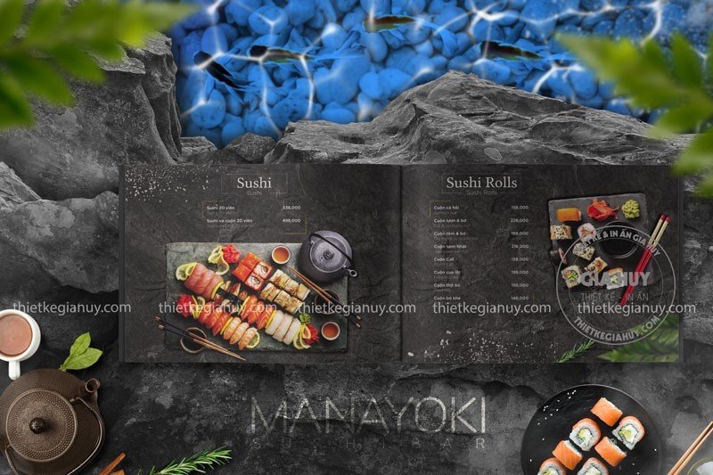 Thiết kế menu với màu xám đá tự nhiên làm nền tạo hiệu ứng thị giác ấn tượng