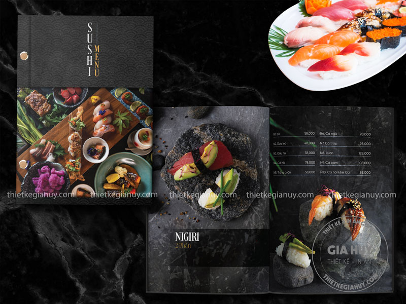 Mẫu menu nhà hàng Nhật gọn gàng, trực quan với danh sách món ăn và giá cả rõ ràng