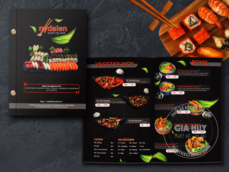 Màu đen chủ đạo sang trọng, tạo cảm giác cao cấp và chuyên nghiệp cho menu nhà hàng sushi Nhật