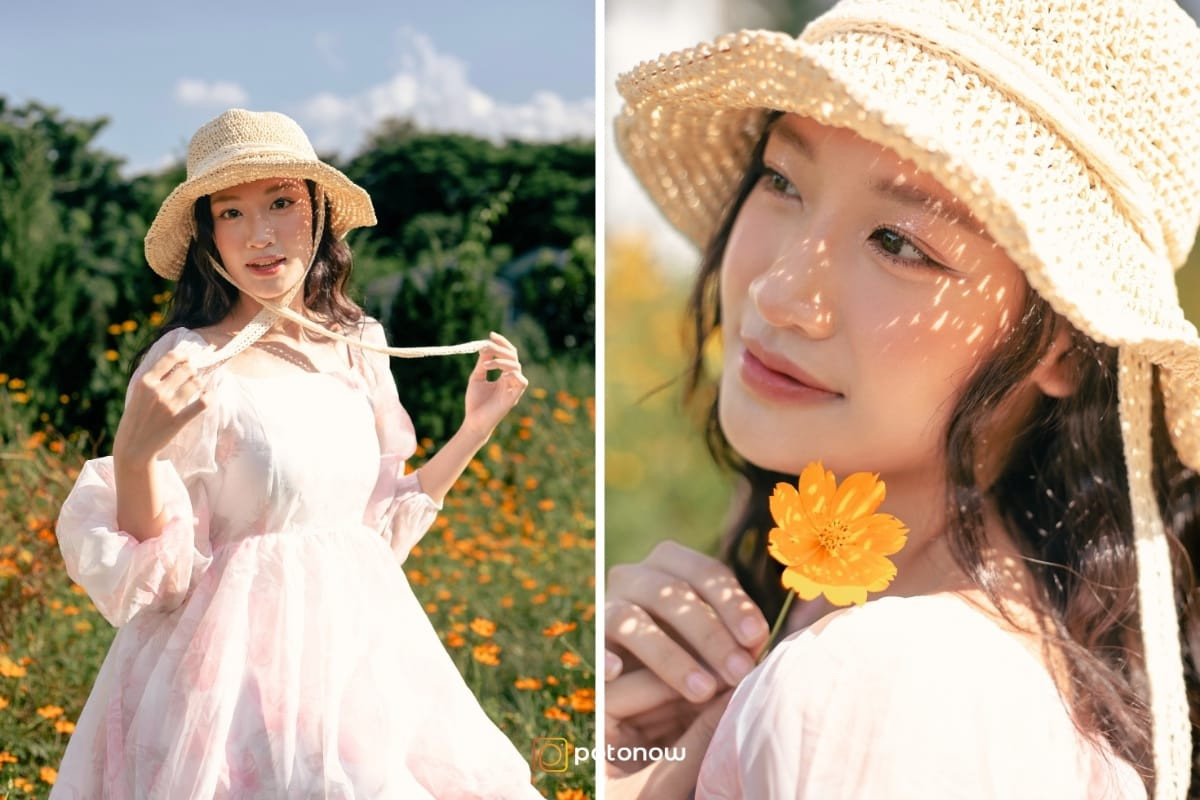 Một cô gái mặc váy trắng, đội mũ rộng vành, cầm một chiếc giỏ hoa đầy hoa cúc họa mi, tạo dáng chụp ảnh đẹp ở vườn hoa với phụ kiện