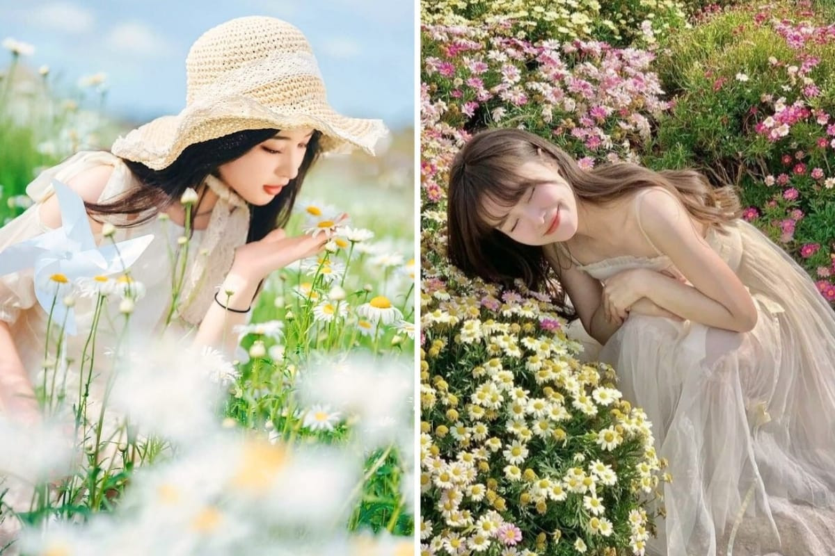 Người phụ nữ nhẹ nhàng ghé mặt vào những bông hoa và nhắm mắt, tạo dáng thư thái như đang thưởng thức hương thơm