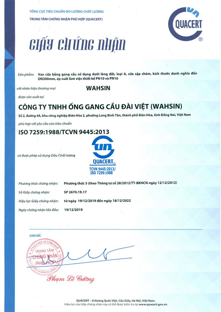 Chứng nhận chất lượng ISO uy tín cho ống gang cầu và phụ kiện CÔNG TY TNHH ỐNG GANG CẦU ĐÀI VIỆT