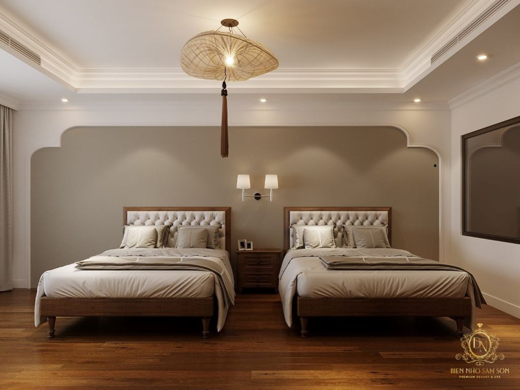 Phòng Deluxe Hướng Núi với giường đôi và không gian nghỉ ngơi thoải mái tại Khách sạn Biển Nhớ Sầm Sơn