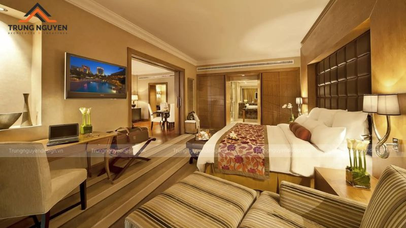 Phòng Suite được chia thành nhiều khu vực chức năng riêng biệt, mang đến không gian rộng rãi cho các loại phòng trong khách sạn 5 sao