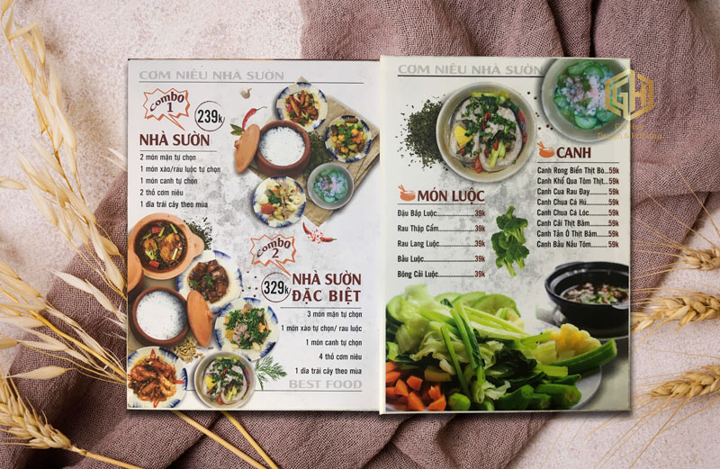 Thiết kế thực đơn nhà hàng cơm niêu ruột bìa cứng
