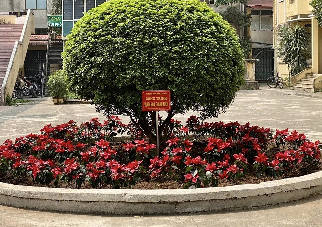 Sắc đỏ rực rỡ của Công trình vườn hoa thanh niên trạng nguyên trong khuôn viên Học viện