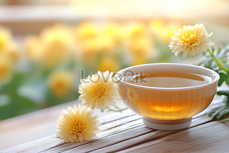 Tách trà hoa cúc mật ong đặt trên bàn, một thức uống thư giãn sau khi ngắm nhìn vẻ đẹp của vườn hoa cúc