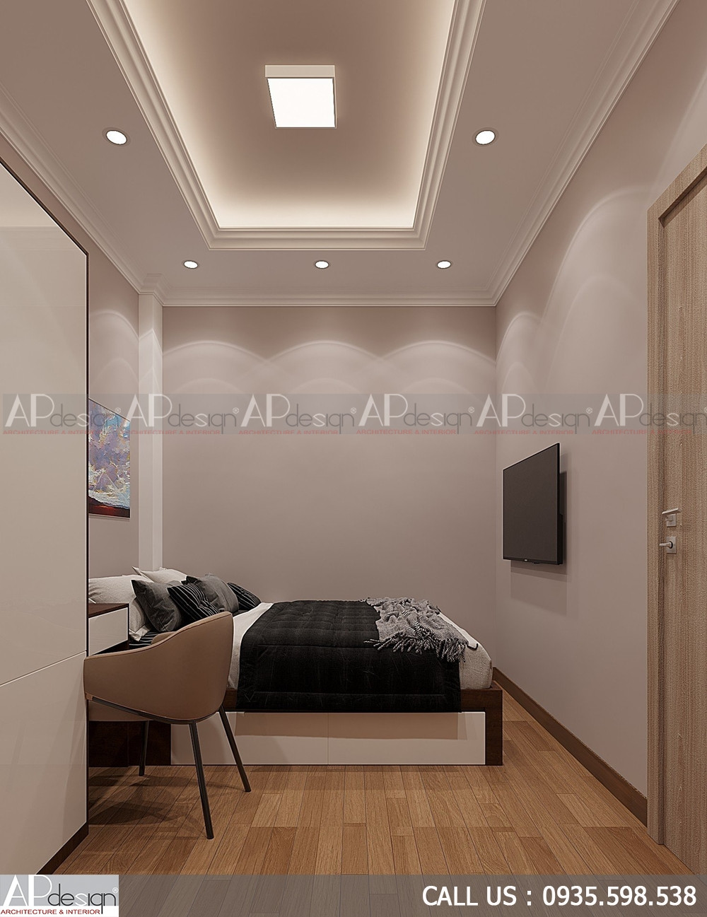 Thiết kế phòng ngủ khách sạn mini với giường đôi, ánh sáng tự nhiên