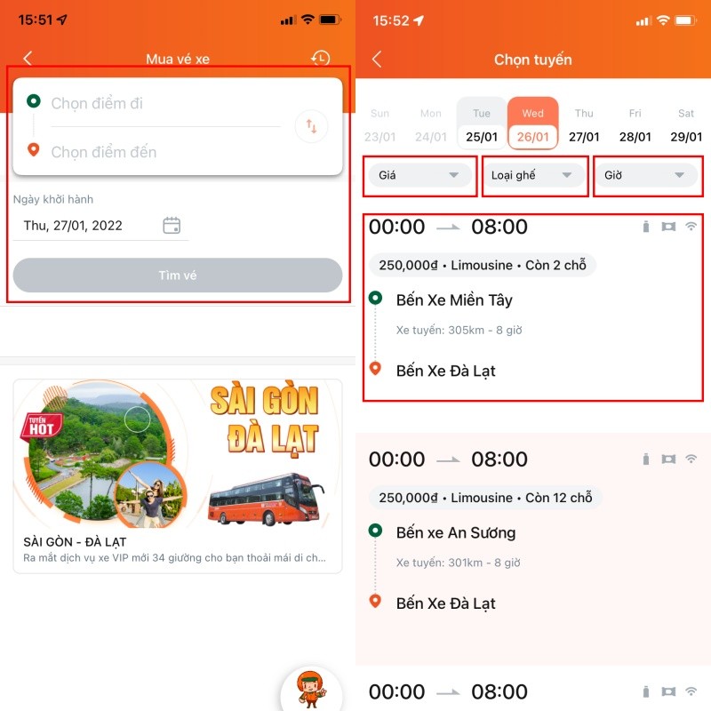 Thông tin chuyến xe Phương Trang trên app FUTA