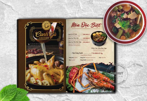 Menu ẩm thực phong cách vintage món gà tiềm với nền màu nâu gỗ