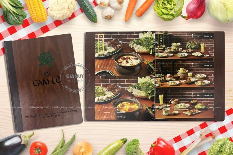 Mẫu menu ẩm thực chay đẹp bìa gỗ