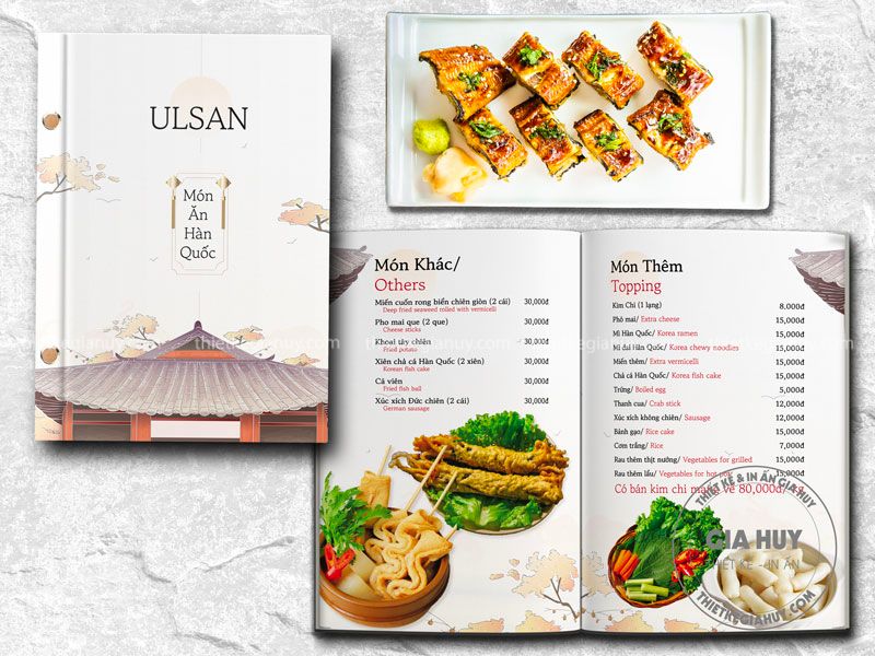 Mẫu thực đơn nhà hàng Hàn Quốc chủ yếu sử dụng các tông màu tươi sáng