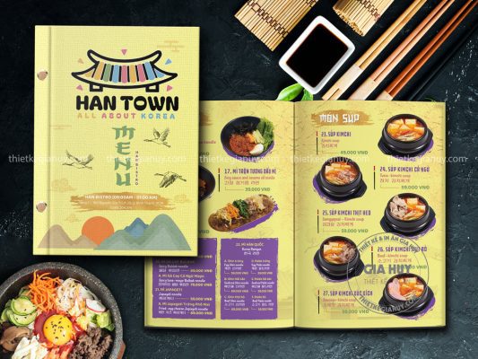 Thực đơn quán ăn Hàn Quốc với thiết kế họa tiết chibi