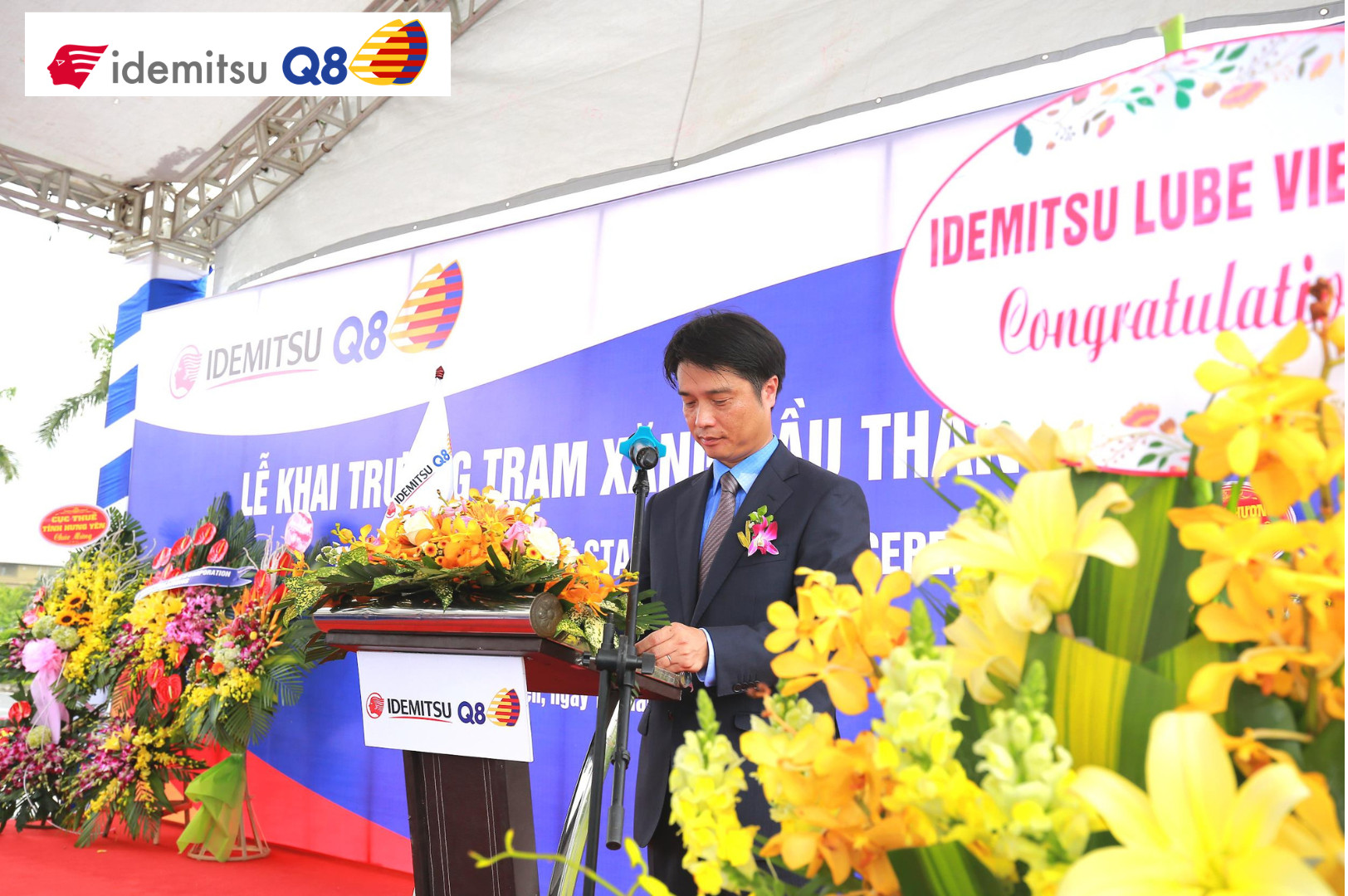 Ông Hiroaki Honjo, Tổng giám đốc Idemitsu Q8, phát biểu tại lễ khai trương, nhấn mạnh cam kết phát triển bền vững