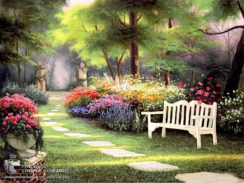 tranh sơn dầu vườn hoa với màu sắc rực rỡ, thể hiện cách vẽ vườn hoa sống động